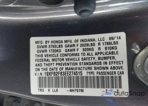 2014 Honda Civic Ex z USA, uszkodzony, nr VIN 19XFB2F83EE274515